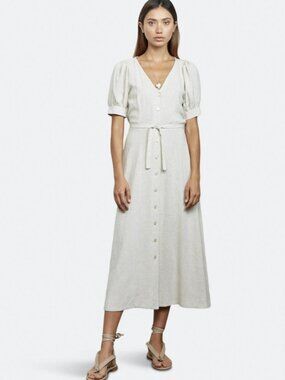 Rachel Pally Piper Dress Linen Blend Puff Sleeve Button Tie Waist Midi USA